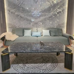 High-End Marble Coffee Table with Wood Veneer Legs and Polished Metal Accents